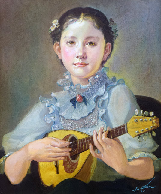 奥龍之介「マンドリンの少女」油絵・F8号 作品全体拡大画像