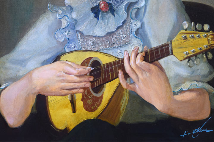 奥龍之介「マンドリンの少女」油絵・F8号 拡大画像2