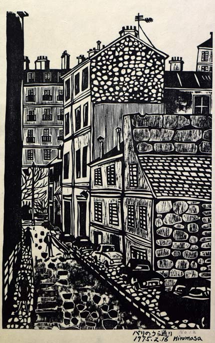 小野博正「パリのうら通り」木版画 全体拡大部分
