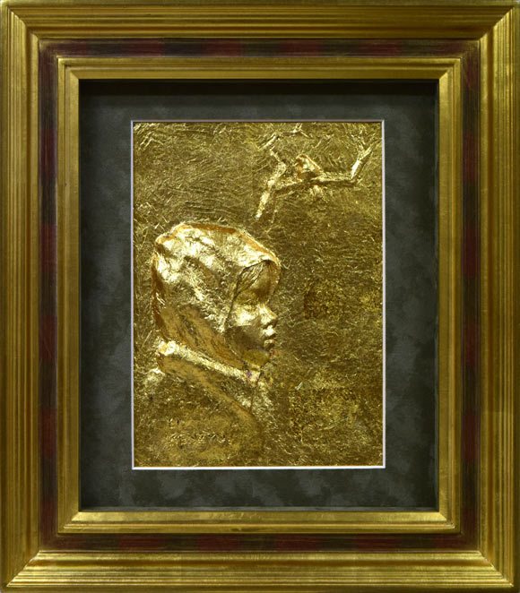 小野健壽「早春譜」レリーフ(樹脂に金箔コーティング)額装