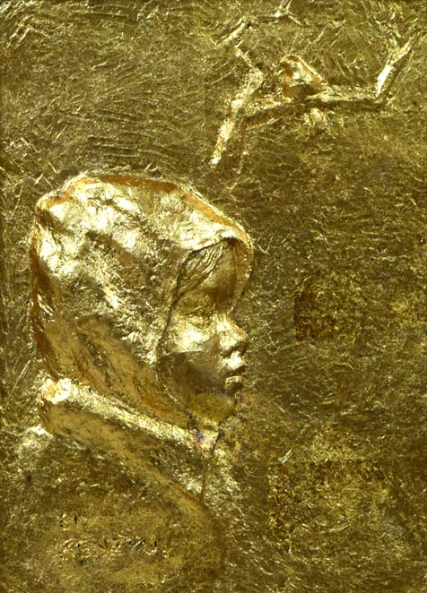 小野健壽「早春譜」レリーフ(樹脂に金箔コーティング)額装 作品全体拡大画像