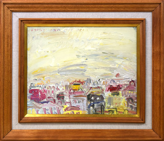 小野州一「夕陽と建物(巴里)」油絵・仏F6号