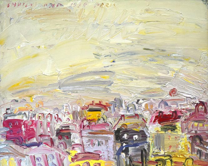 小野州一「夕陽と建物(巴里)」油絵・仏F6号 作品全体拡大画像