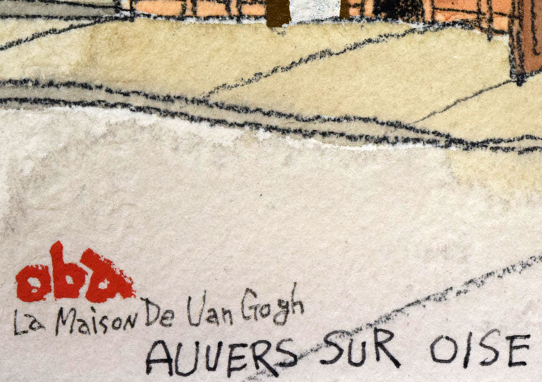 おおば比呂司「ゴッホが最期を過ごした下宿」肉筆原画 サイン・タイトル拡大部分