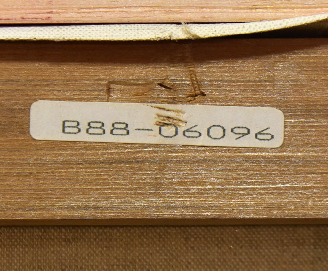 大久保泰「快晴大沼公園(函館・駒ヶ岳)」油絵・F6号 裏側拡大画像(「一枚の繪」管理番号シール)