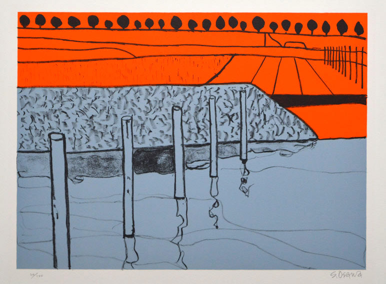 大沢昌助「水田のあたり」リトグラフ 作品全体画像