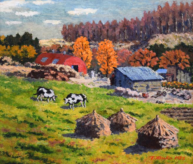 大塚武「牛のいる牧場風景」油絵・F10号　作品全体拡大画像