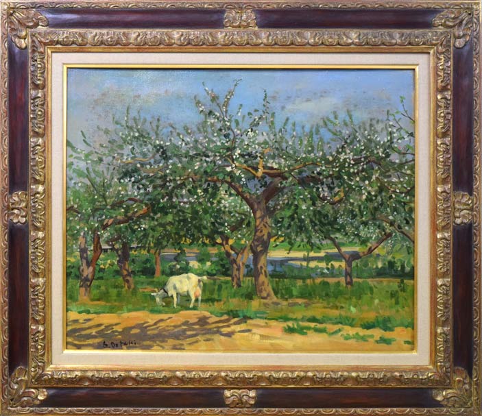 大月源二「河の見えるりんご畑(仁木町)」油絵・F15号