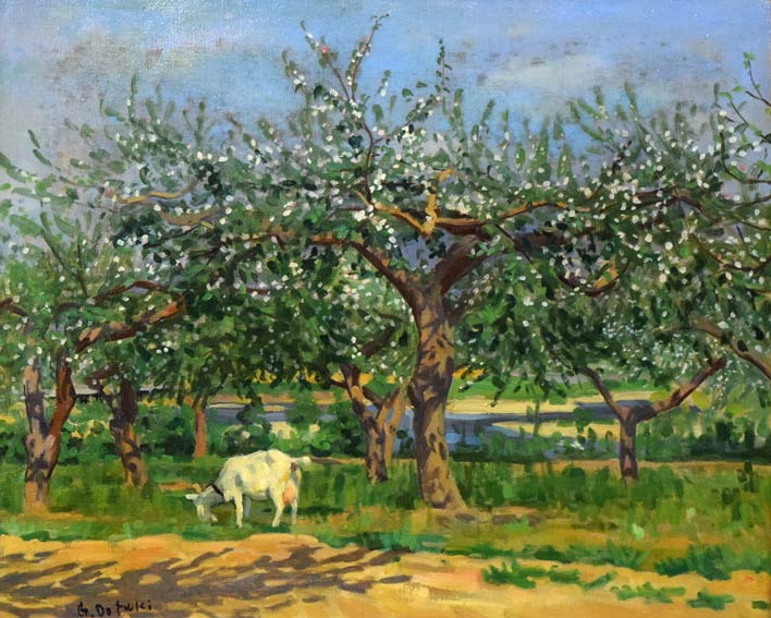 大月源二「河の見えるりんご畑(仁木町)」油絵・F15号 作品全体拡大画像