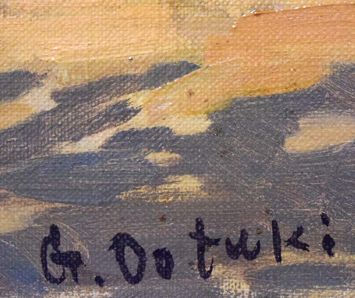 大月源二「河の見えるりんご畑(仁木町)」油絵・F15号 サイン拡大画像