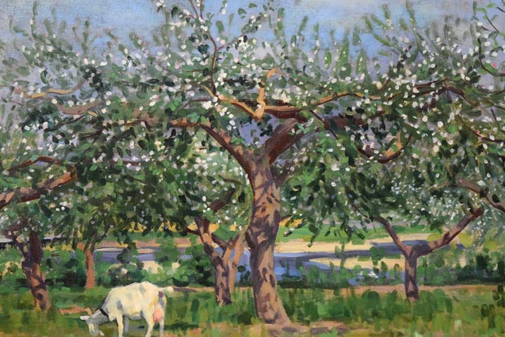 大月源二「河の見えるりんご畑(仁木町)」油絵・F15号 拡大部分1