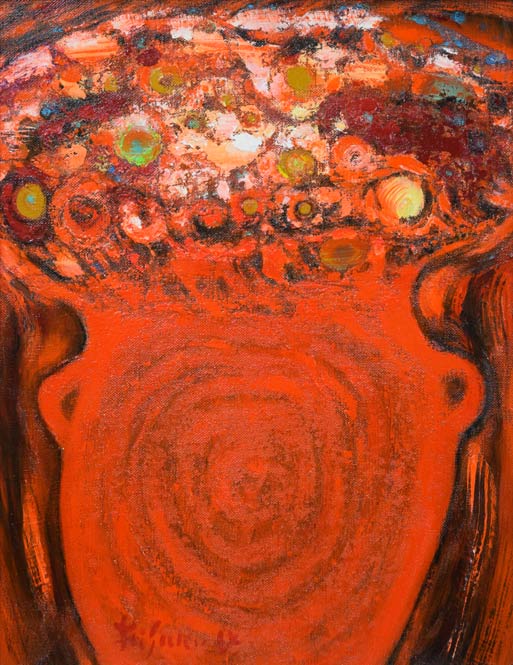 大谷久子「赤い壺・かいがら菊」油絵・P10号 作品全体拡大画像