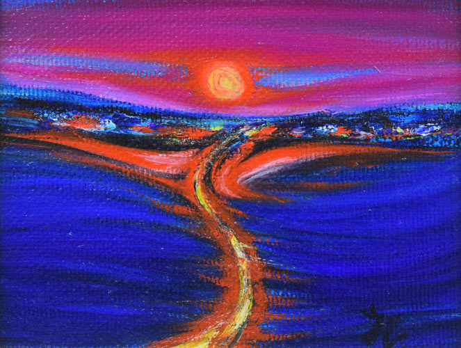 大谷久子「ガンガー(ガンジス河)の夕陽」油絵・F0号 作品全体拡大画像