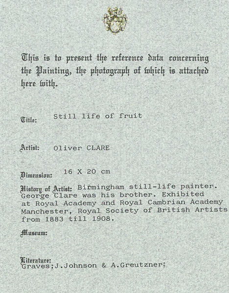 オリバー・クレア「果実のある静物」油絵(16×20cm) 作品保証書拡大画像1