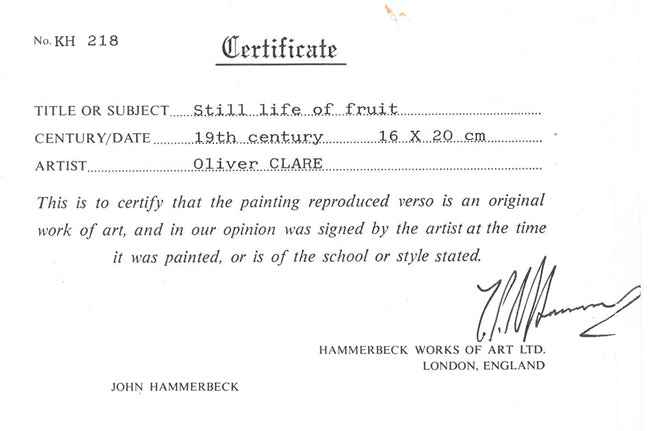 オリバー・クレア「果実のある静物」油絵(16×20cm) 作品保証書拡大画像2