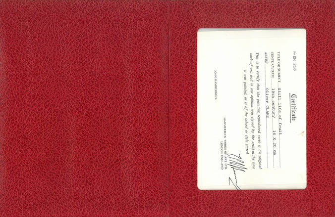 オリバー・クレア「果実のある静物」油絵(16×20cm) 作品保証書画像2