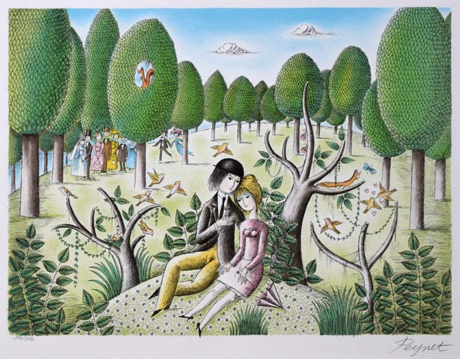 レイモン・ペイネ(Raymond Peynet)「二人のピクニック」リトグラフ 作品全体拡大画像