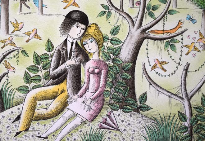 レイモン・ペイネ(Raymond Peynet)「二人のピクニック」リトグラフ 拡大画像1