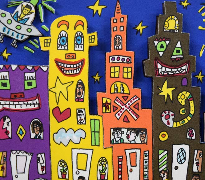 ジェームス・リジィ(JAMES RIZZI)「TOO MANY PEOPLE IN THE CITY」3Dシルクスクリーン版画 拡大画像1