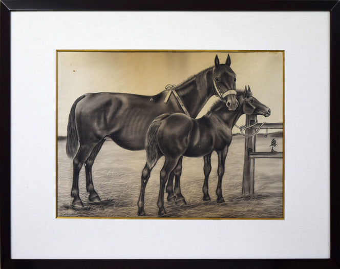 露山(本名:畠中清喜)「親子馬」木炭画