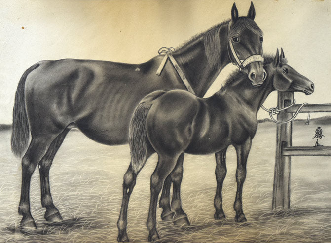 露山(本名:畠中清喜)「親子馬」木炭画 作品全体拡大画像