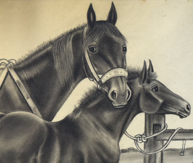 露山(本名:畠中清喜)「親子馬」木炭画 拡大画像2