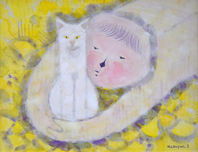 佐原和行「猫と遊ぶ」水彩画・F6号 作品全体拡大画像