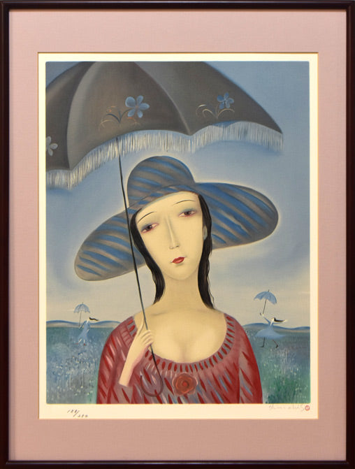 斎藤真一「日傘」リトグラフ