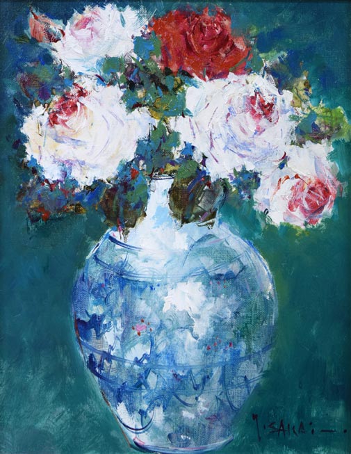 酒井健吉「花バラ」油絵・F6号 作品全体拡大画像