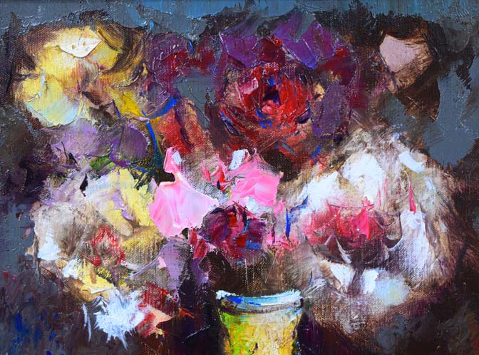 酒井健吉「花バラ」油絵・F4号 拡大画像1