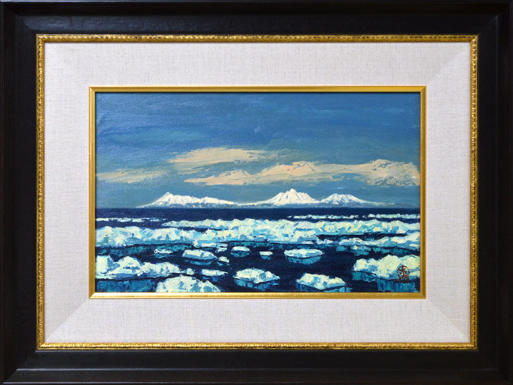 坂本直行「流氷と国後島チャチャヌプリ」油絵・M10号・1969年作