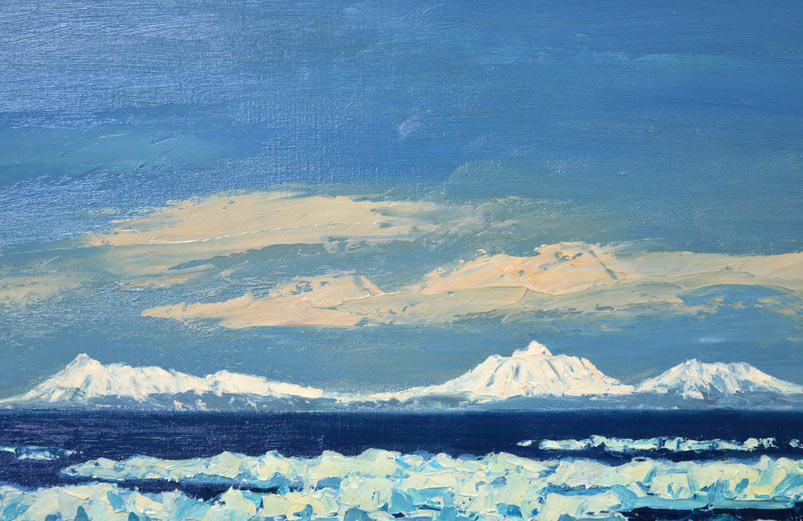 坂本直行「流氷と国後島チャチャヌプリ」油絵・M10号・1969年作 拡大部分1