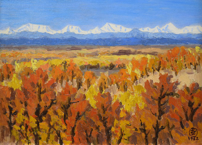 坂本直行「晩秋の原野と日高山脈遠望」油絵・F4号 作品全体拡大画像