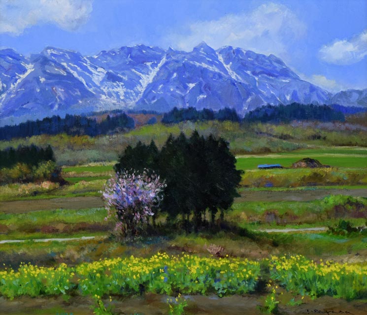 佐間田敏夫「戸隠高原の春(長野県戸隠村)」油絵・F10号 作品全体拡大画像
