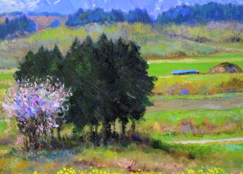 佐間田敏夫「戸隠高原の春(長野県戸隠村)」油絵・F10号 拡大部分1