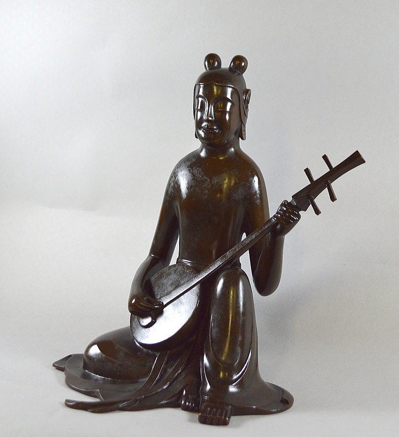 佐々木 象堂「彈阮咸(ダンゲンカン)鋳銅置物」ろう型鋳金・共箱・高さ約26cm 前方部分2