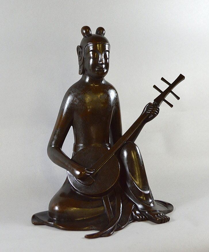 佐々木 象堂「彈阮咸(ダンゲンカン)鋳銅置物」ろう型鋳金・共箱・高さ約26cm 前方部分3