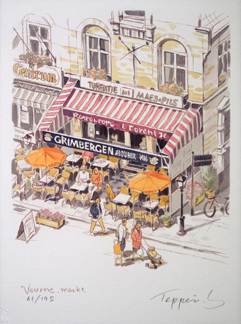 笹倉鉄平「ベルネのカフェ」リトグラフ 作品全体拡大画像