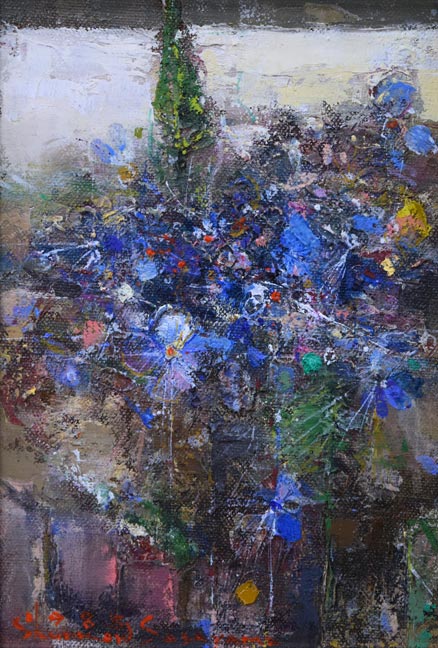 笹山峻弘(俊弘)「青い花」油絵・SM 作品全体拡大画像