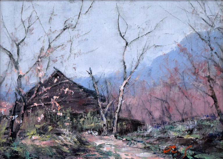 佐藤あつ子「杏花」油絵・F4号 作品全体拡大画像