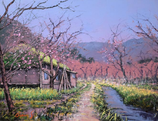 佐藤あつ子「杏子の里」油絵・P15号 作品全体拡大画像