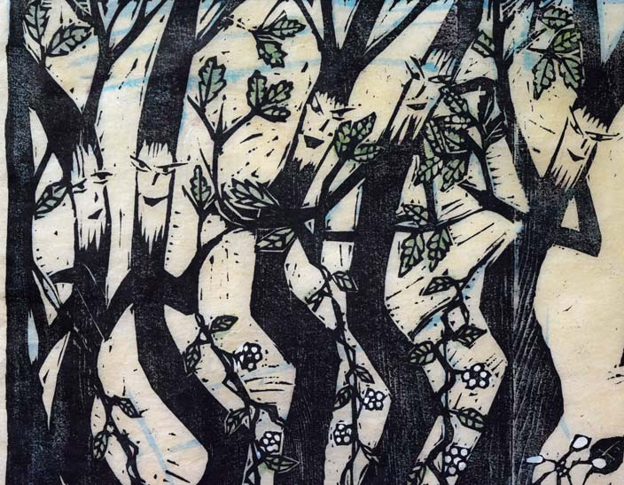 佐藤国男「かしわばやしの夜」木版画に裏彩色　拡大画像1