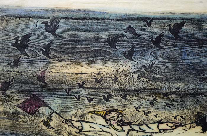 佐藤国男「銀河鉄道の夜(わたり鳥への信号)」木版画に裏彩色 拡大画像1