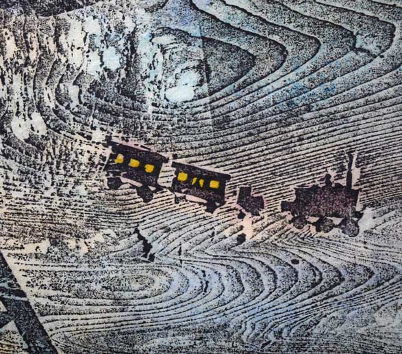 佐藤国男「銀河鉄道の夜（わたり鳥への信号）」木版画に裏彩色　拡大画像3