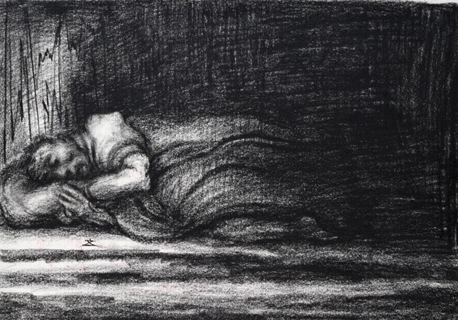 澤田文一「木賃宿(きちんやど)」木炭素描画(両面作品) 作品全体拡大画像