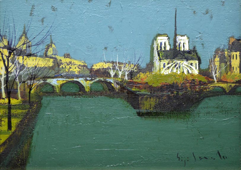 芹田英治「セーヌとノートルダム(パリ)」油絵・F4号 拡大部分