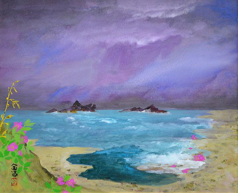 信太金昌「消え去つ浜 奥尻島」日本画・F12号・共シール 拡大部分