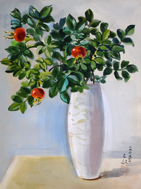 繁野三郎「ハマナス」水彩画 作品全体拡大画像