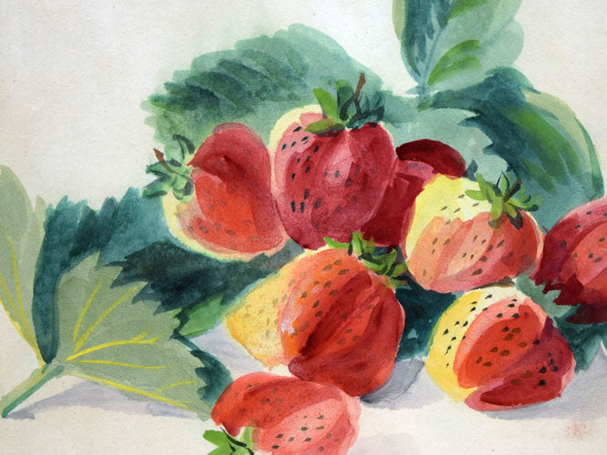 繁野三郎「苺」水彩画 拡大画像1