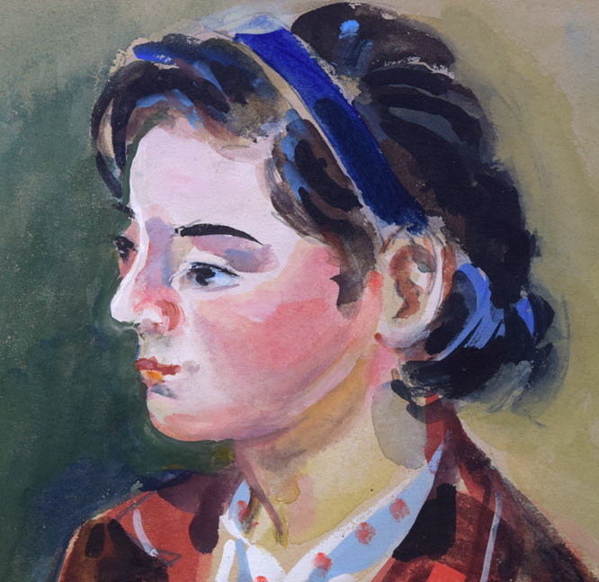 繁野三郎「女性像」水彩画 拡大画像1